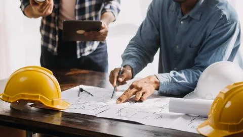 Construction and structure concept of engineer working drawing on blueprint.. Stock Photos