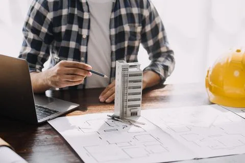 Construction and structure concept of engineer working drawing on blueprint.. Stock Photos