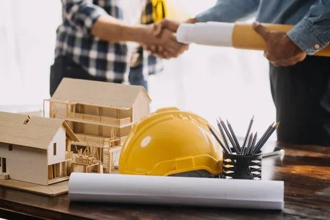 Construction and structure concept of engineer working drawing on blueprint.. Stock Photos