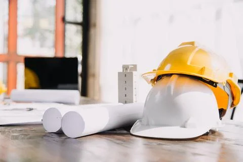 Construction and structure concept of engineer working drawing on blueprint.. Stock Photos