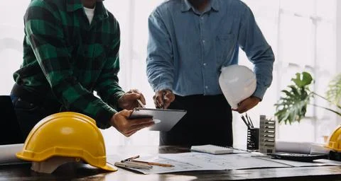 Construction and structure concept of engineer working drawing on blueprint.. Foto stock