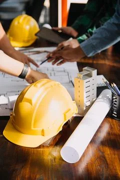 Construction and structure concept of engineer working drawing on blueprint.. Stock Photos