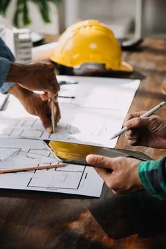 Construction and structure concept of engineer working drawing on blueprint.. Stock Photos