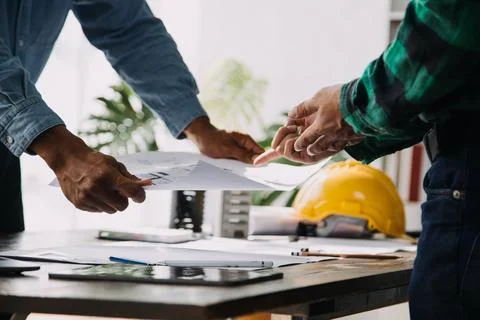 Construction and structure concept of engineer working drawing on blueprint.. Stock Photos