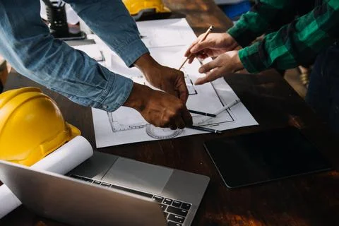 Construction and structure concept of engineer working drawing on blueprint.. Stock Photos