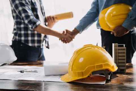 Construction and structure concept of engineer working drawing on blueprint.. Foto stock