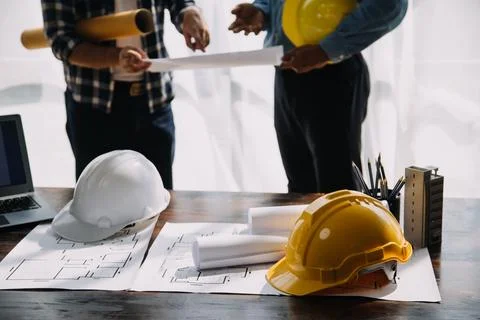 Construction and structure concept of engineer working drawing on blueprint.. Stock-Fotos