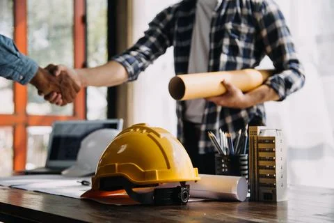 Construction and structure concept of engineer working drawing on blueprint.. Stock Photos