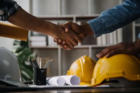 Construction and structure concept of engineer working drawing on blueprint.. Stock Photos