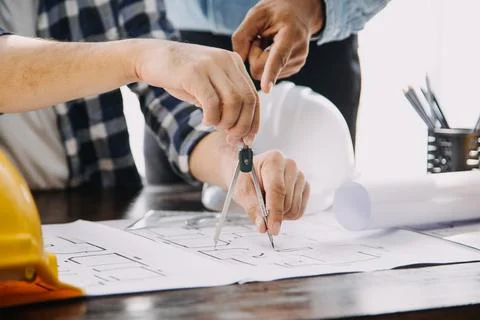 Construction and structure concept of engineer working drawing on blueprint.. Stock Photos