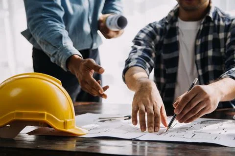 Construction and structure concept of engineer working drawing on blueprint.. Stock Photos