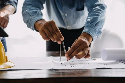 Construction and structure concept of engineer working drawing on blueprint.. Stock-Fotos