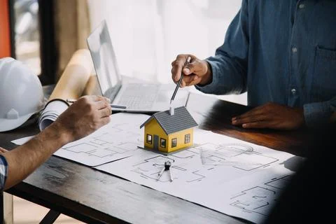 Construction and structure concept of engineer working drawing on blueprint.. Stock Photos