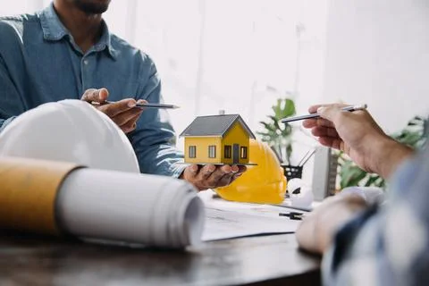 Construction and structure concept of engineer working drawing on blueprint.. Stock Photos