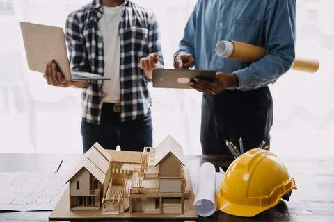 Construction and structure concept of engineer working drawing on blueprint.. Stock Photos