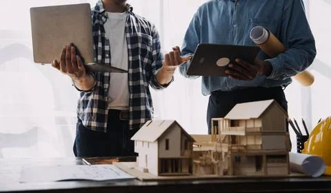 Construction and structure concept of engineer working drawing on blueprint.. Foto stock