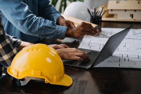 Construction and structure concept of engineer working drawing on blueprint.. Stock Photos