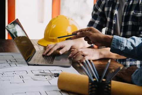 Construction and structure concept of engineer working drawing on blueprint.. Stock Photos