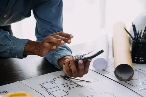 Construction and structure concept of engineer working drawing on blueprint.. Stock Photos