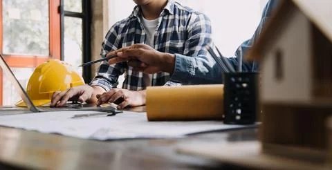 Construction and structure concept of engineer working drawing on blueprint.. Stock Photos