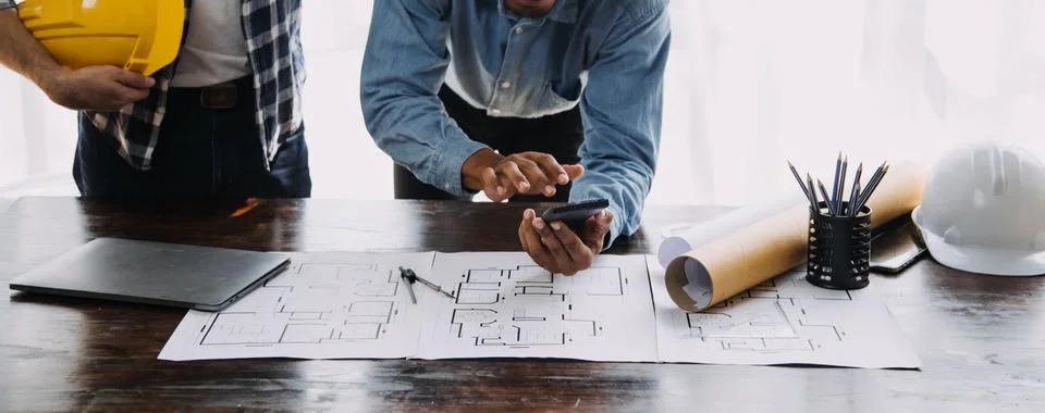 Construction and structure concept of engineer working drawing on blueprint.. Stock Photos