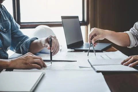 Construction and structure concept of engineer working drawing on blueprint.. Stock Photos