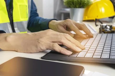 Construction and system engineers sit in their offices and draw up construc.. Stock Photos