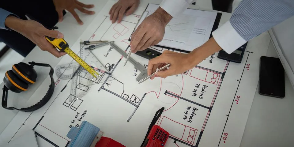 Construction and Team Dynamics. Professionals working together on a blueprint Stock Photos