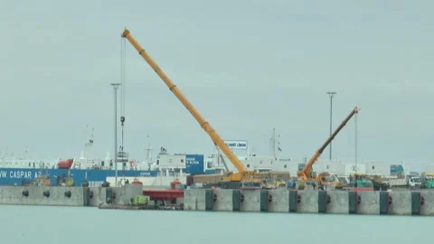 Construction and two yellow cranes in the seaport Vidéo 232213374
