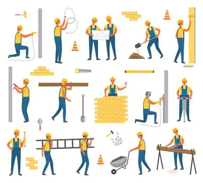 Construction and Working Plan Workers Set Vector Stock Illustration