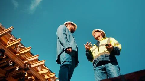 Construction, architect or talk to manager on roof for site inspection, building Stock Photos
