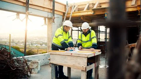 Construction, architects and talk with blueprint on site for renovation design Stock Photos