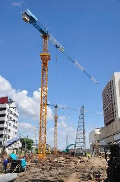 Construction-area with blue-sky various equipment and tools, thailand. Stock Photos