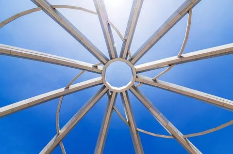 Construction of art object on background of blue sky background. Amphitheater in Stock Photos