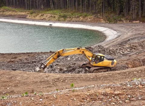 Construction of an artificial lake in Bukovel Stock Photos