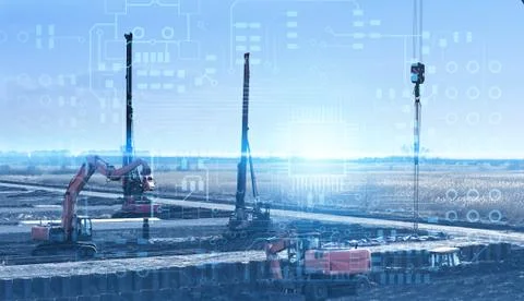 Construction automation concept, calculation and planning of pile installatio Stock Photos