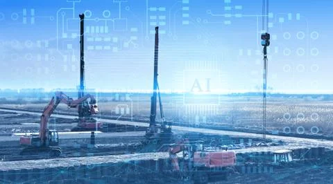 Construction automation concept, calculation and planning of pile installatio Stock Photos
