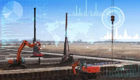 Construction automation concept, calculation and planning of pile installatio Stock Photos
