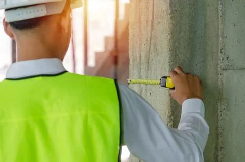 Construction. back view of young foreman builder, engineer or inspector check Stock Photos