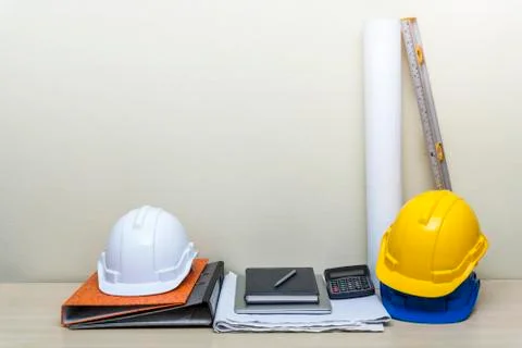 Construction background concept with construction accessories, file, helmet, Stock Photos