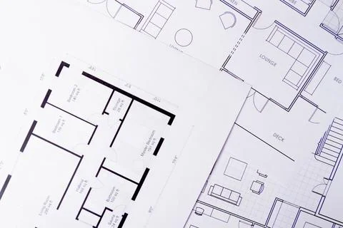 Construction background. House plan on table texture. Working drawings of a Stock Photos