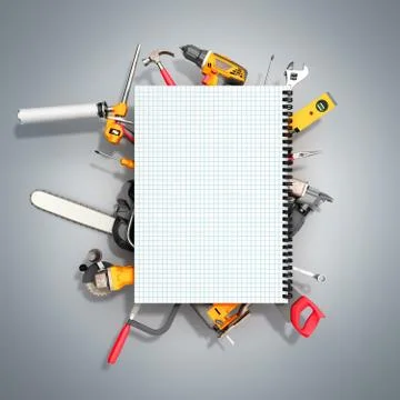 Construction background with notebook and tools 3d render on grey 스톡 일러스트
