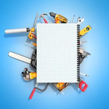 Construction background with notebook and tools 3d render on blue Illustrazione stock