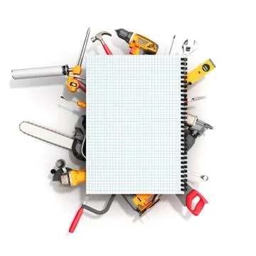 Construction background with notebook and tools 3d render on white Illustrazione stock
