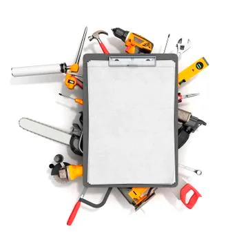 Construction background with notebook and tools 3d render on white Illustrazione stock