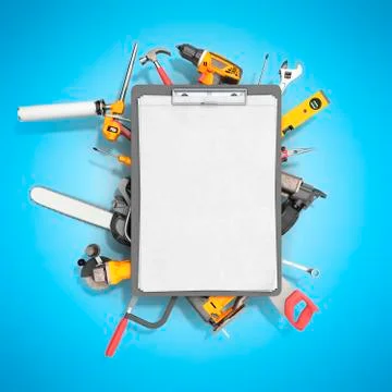 Construction background with notebook and tools 3d render on blue Stock Illustration