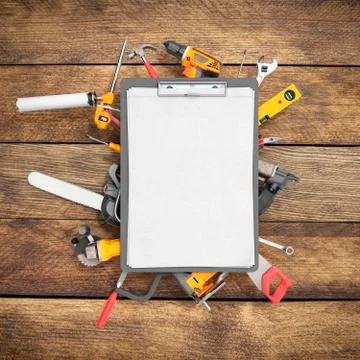 Construction background with notebook and tools 3d render on wood 스톡 일러스트