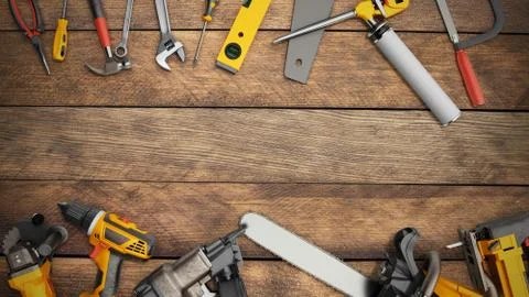 Construction background with tools 3d render on wood Illustrazione stock