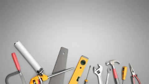 Construction background with tools 3d render on grey 스톡 일러스트