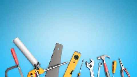 Construction background with tools 3d render on blue Stock Illustration